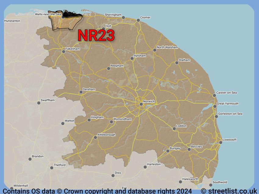 Where the NR23 postcode district lies within the wider  postcode area