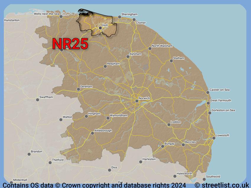 Where the NR25 postcode district lies within the wider  postcode area