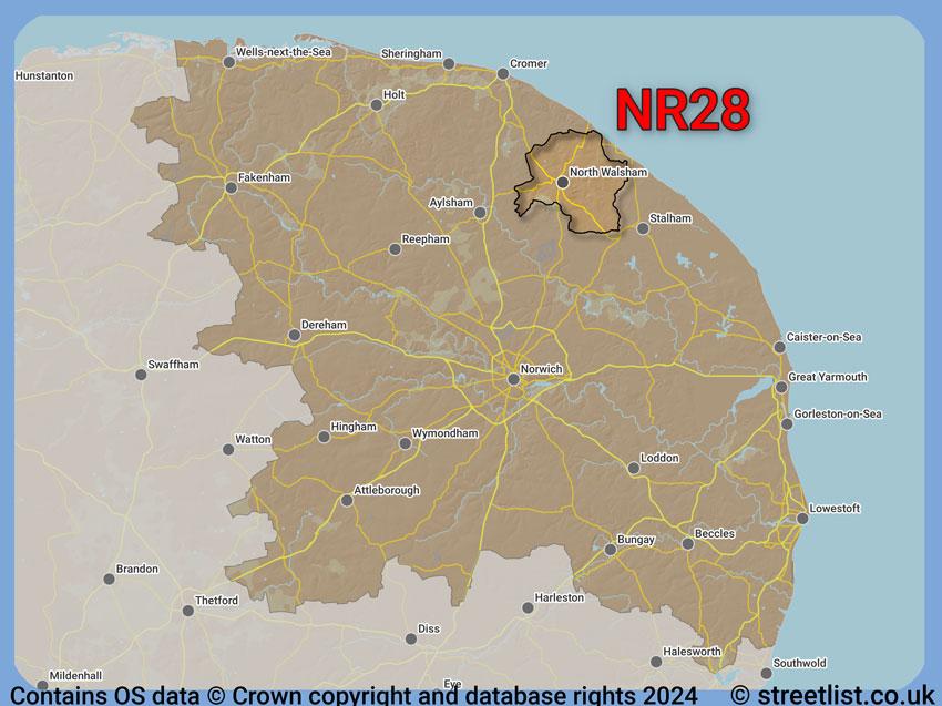 Where the NR28 postcode district lies within the wider  postcode area