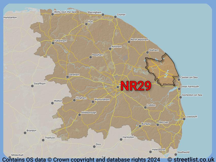 Where the NR29 postcode district lies within the wider  postcode area