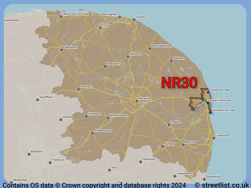 Where the NR30 postcode district lies within the wider  postcode area