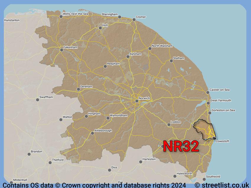 Where the NR32 postcode district lies within the wider  postcode area