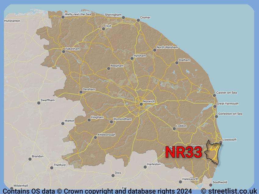 Where the NR33 postcode district lies within the wider  postcode area