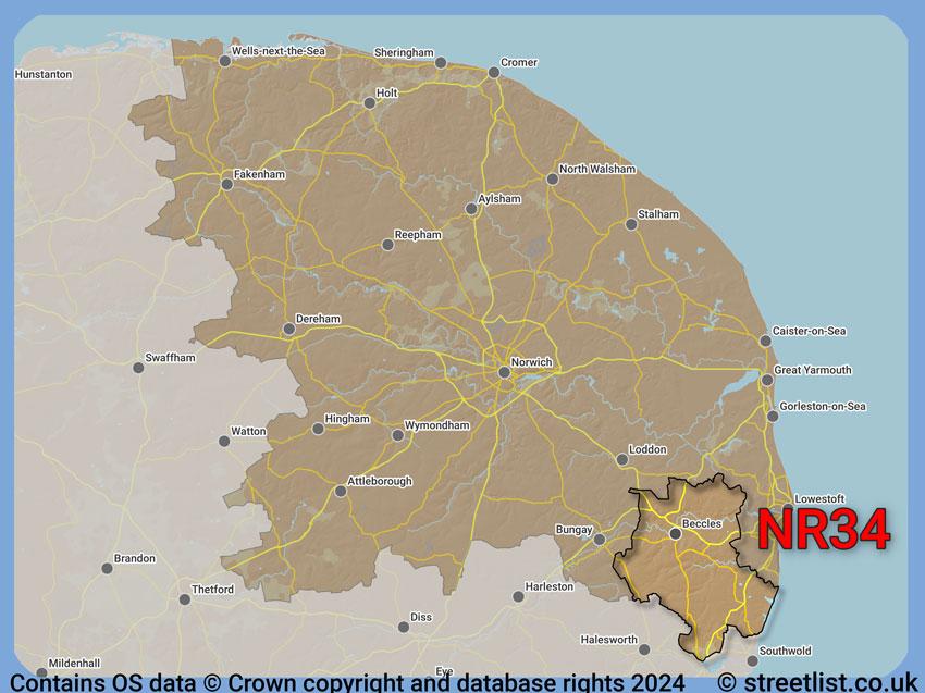 Where the NR34 postcode district lies within the wider  postcode area