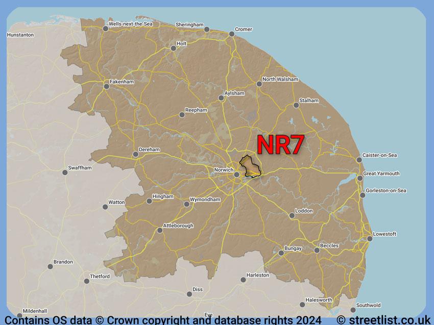 Where the NR7 postcode district lies within the wider  postcode area