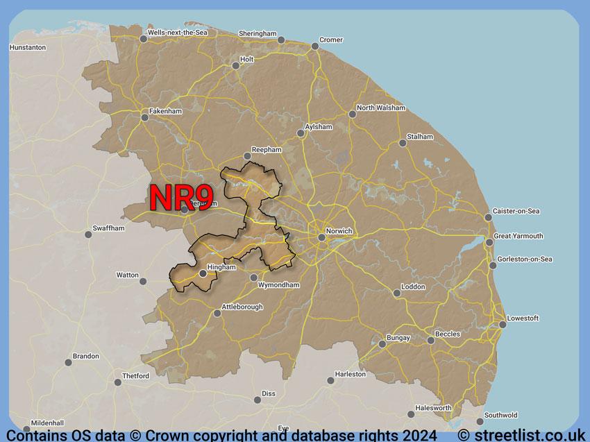 Where the NR9 postcode district lies within the wider  postcode area