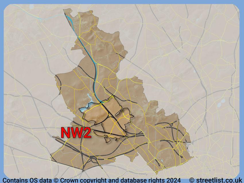 Where the NW2 postcode district lies within the wider  postcode area