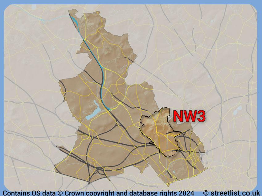 Where the NW3 postcode district lies within the wider  postcode area