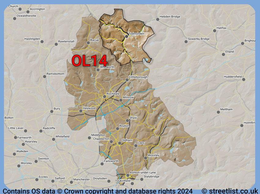 Where the OL14 postcode district lies within the wider  postcode area