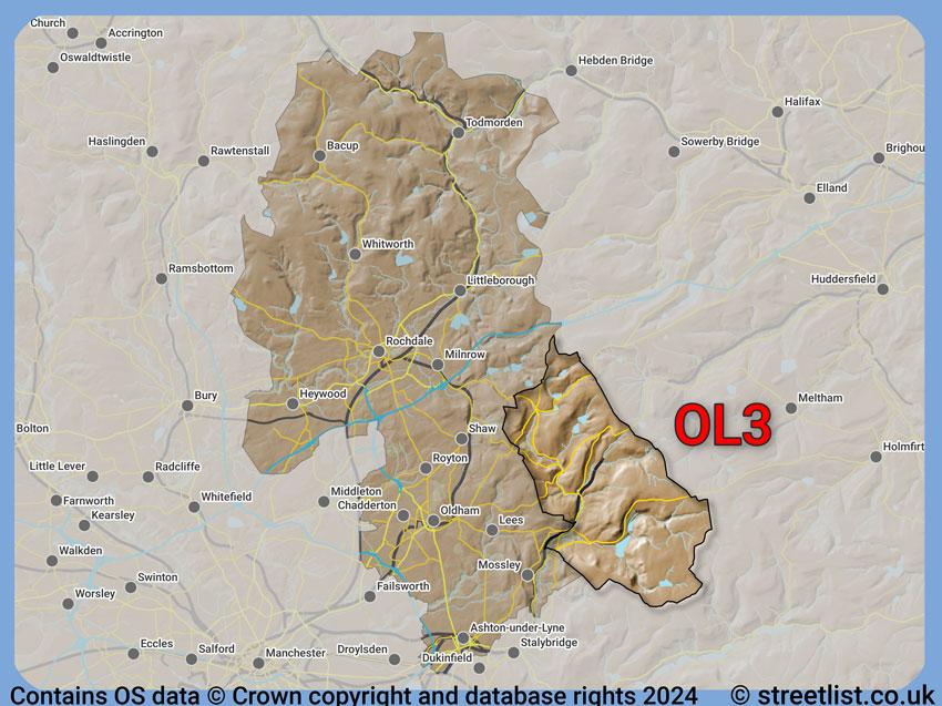 Where the OL3 postcode district lies within the wider  postcode area