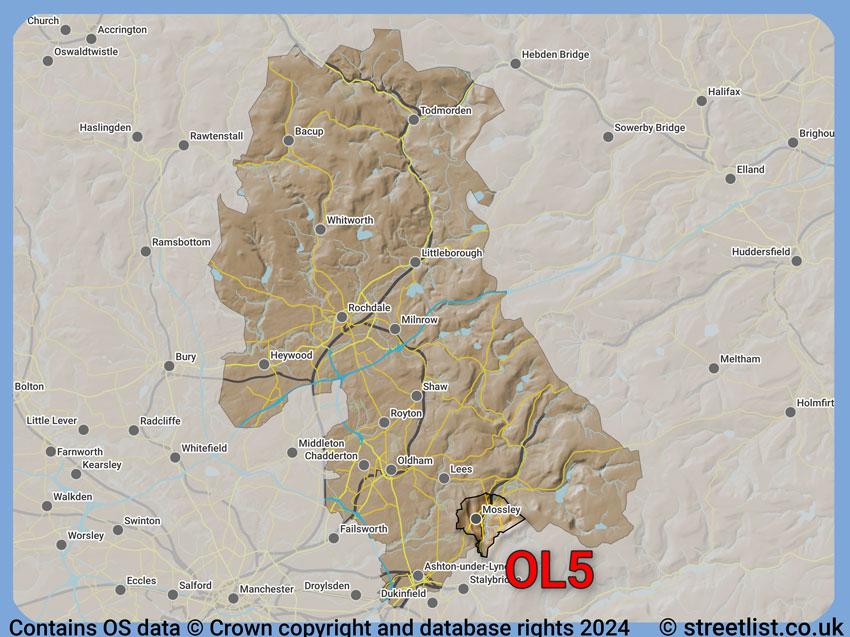 Where the OL5 postcode district lies within the wider  postcode area