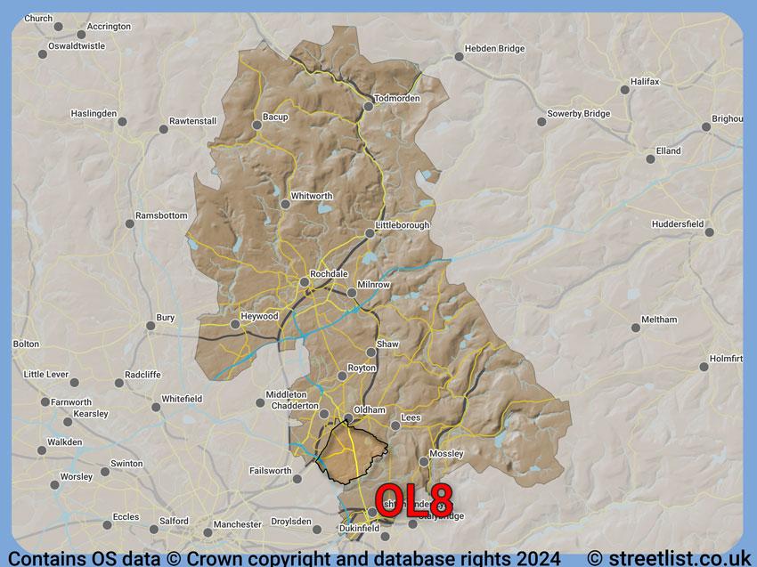 Where the OL8 postcode district lies within the wider  postcode area