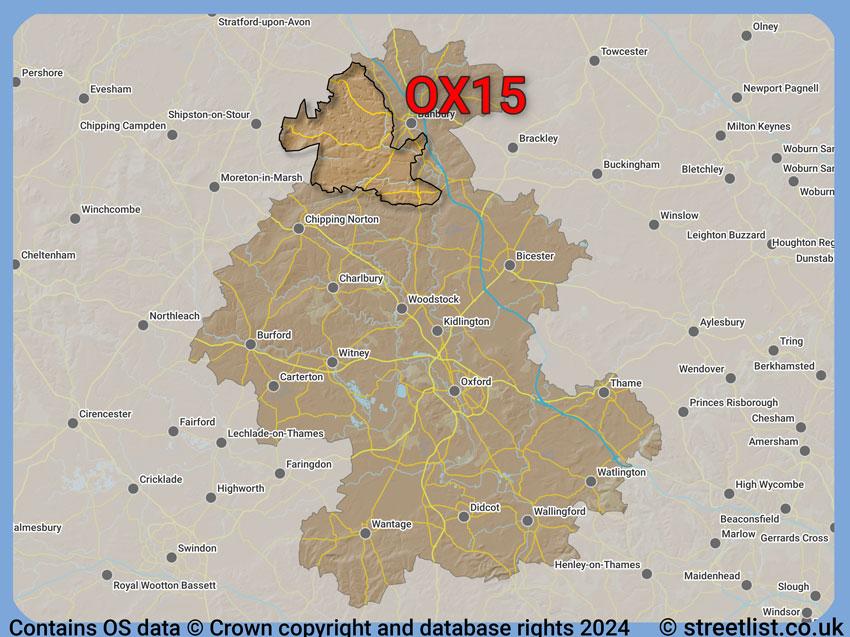 Where the OX15 postcode district lies within the wider  postcode area