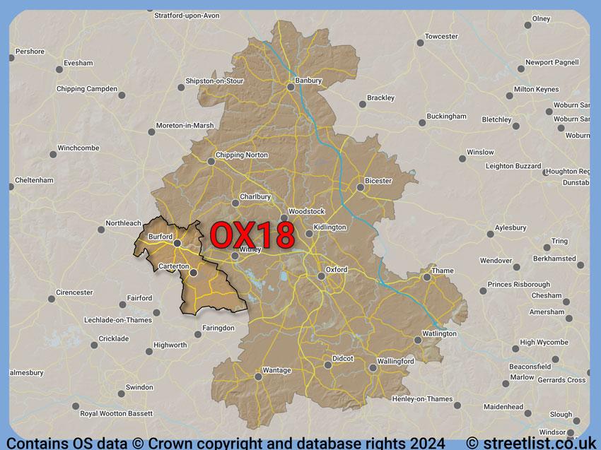 Where the OX18 postcode district lies within the wider  postcode area