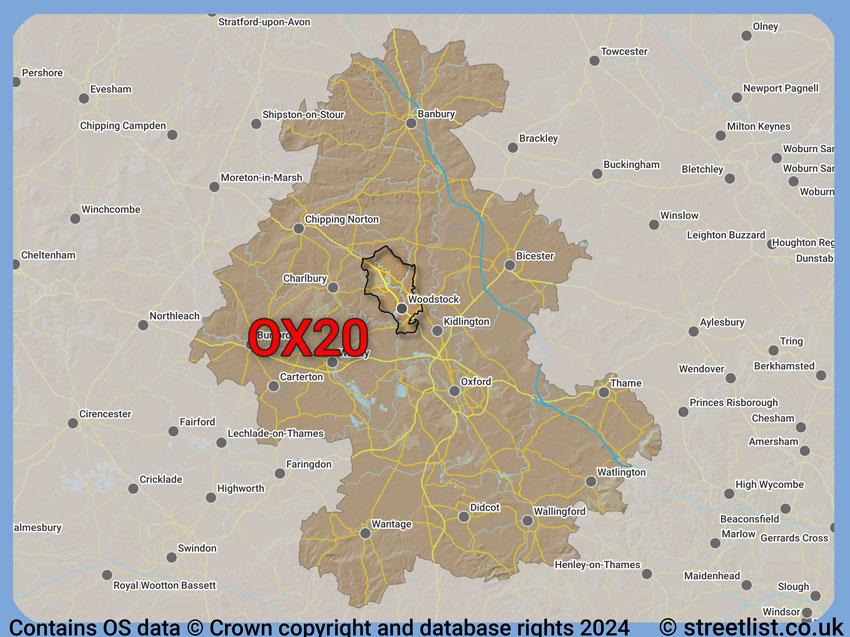 Where the OX20 postcode district lies within the wider  postcode area