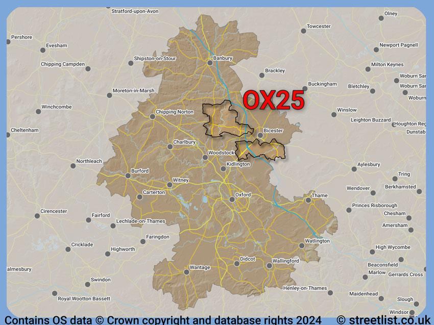 Where the OX25 postcode district lies within the wider  postcode area