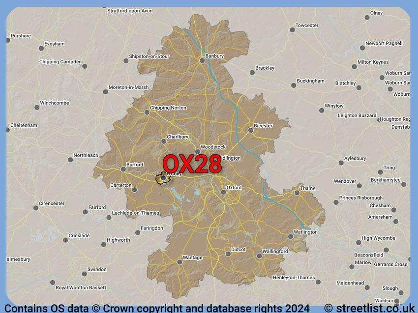 Where the OX28 postcode district lies within the wider  postcode area