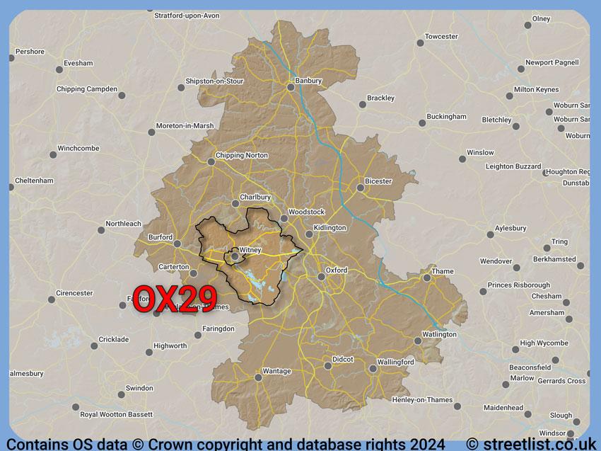 Where the OX29 postcode district lies within the wider  postcode area