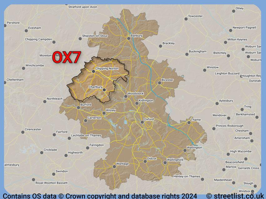 Where the OX7 postcode district lies within the wider  postcode area