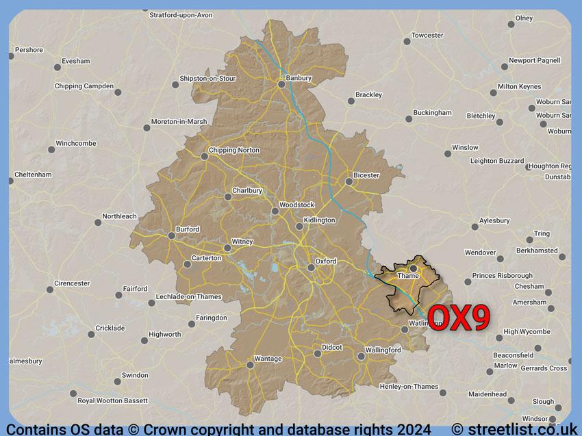 Where the OX9 postcode district lies within the wider  postcode area