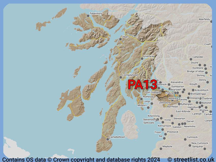 Where the PA13 postcode district lies within the wider  postcode area