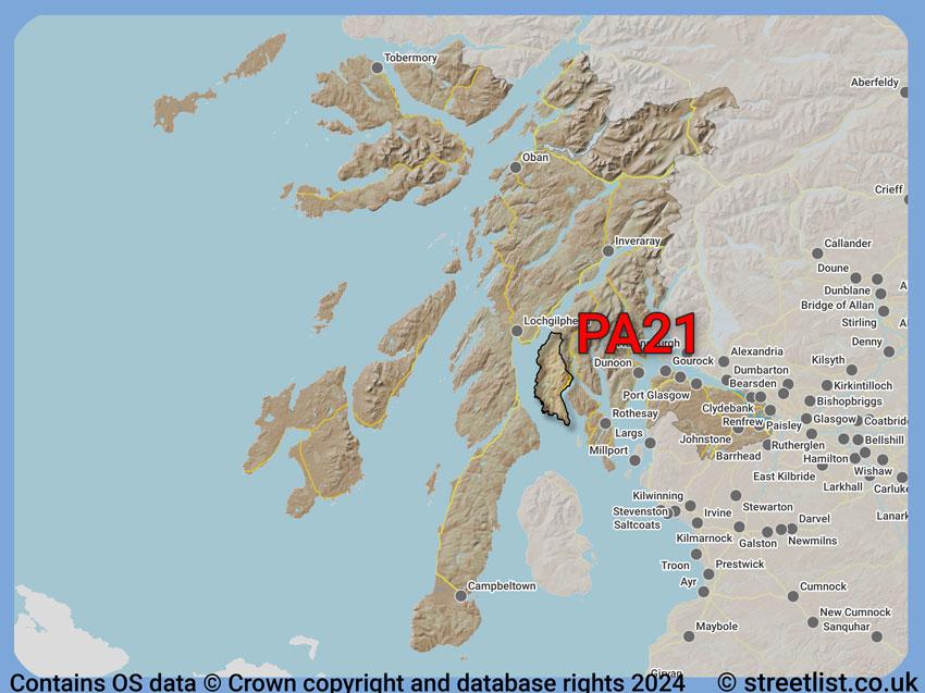 Where the PA21 postcode district lies within the wider  postcode area