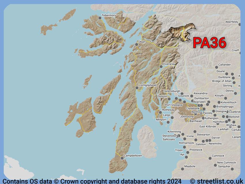 Where the PA36 postcode district lies within the wider  postcode area