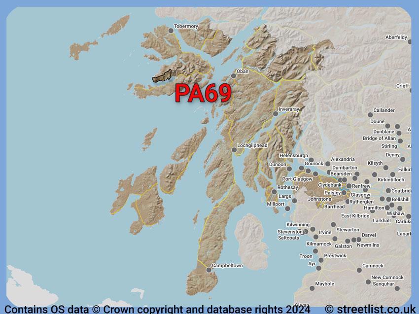 Where the PA69 postcode district lies within the wider  postcode area