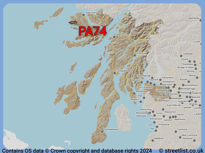 Where the PA74 postcode district lies within the wider  postcode area