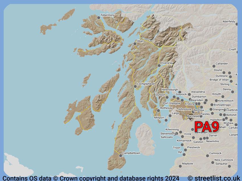 Where the PA9 postcode district lies within the wider  postcode area