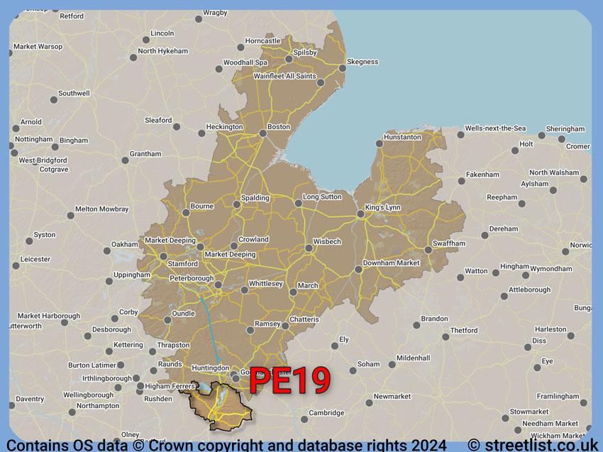 Where the PE19 postcode district lies within the wider  postcode area