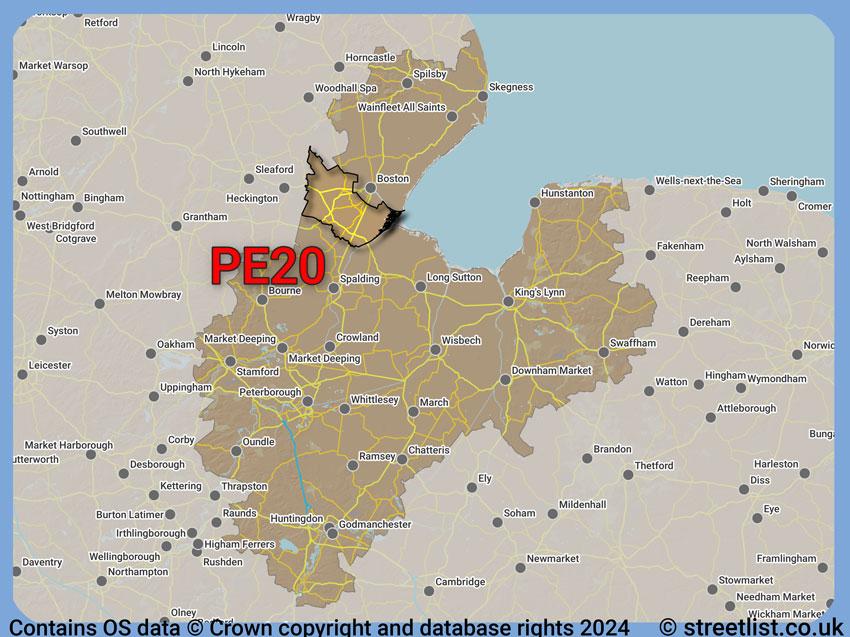 Where the PE20 postcode district lies within the wider  postcode area