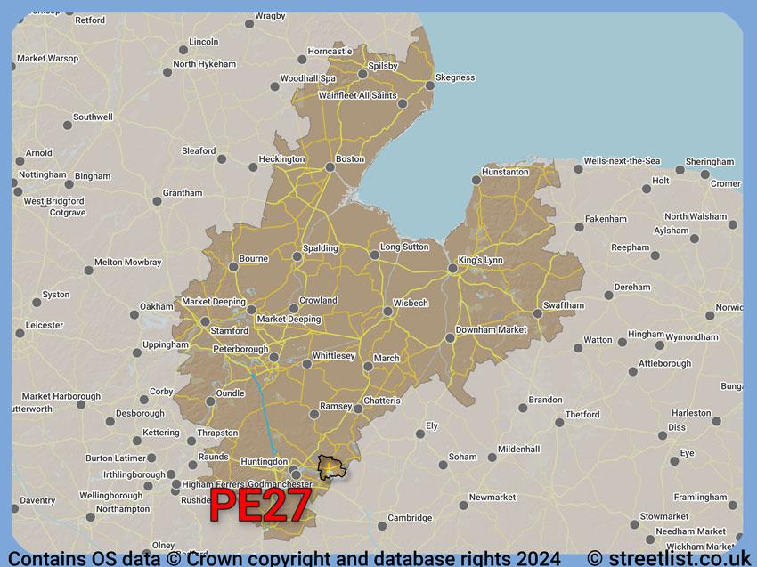 Where the PE27 postcode district lies within the wider  postcode area