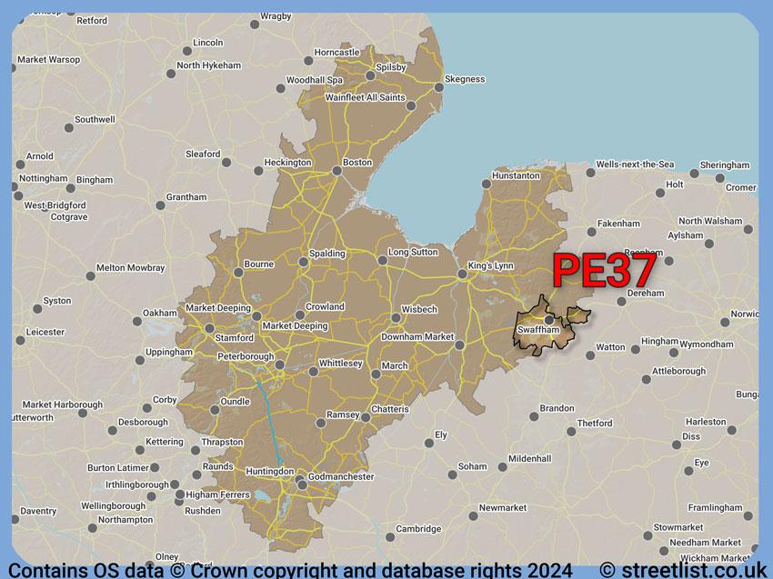 Where the PE37 postcode district lies within the wider  postcode area