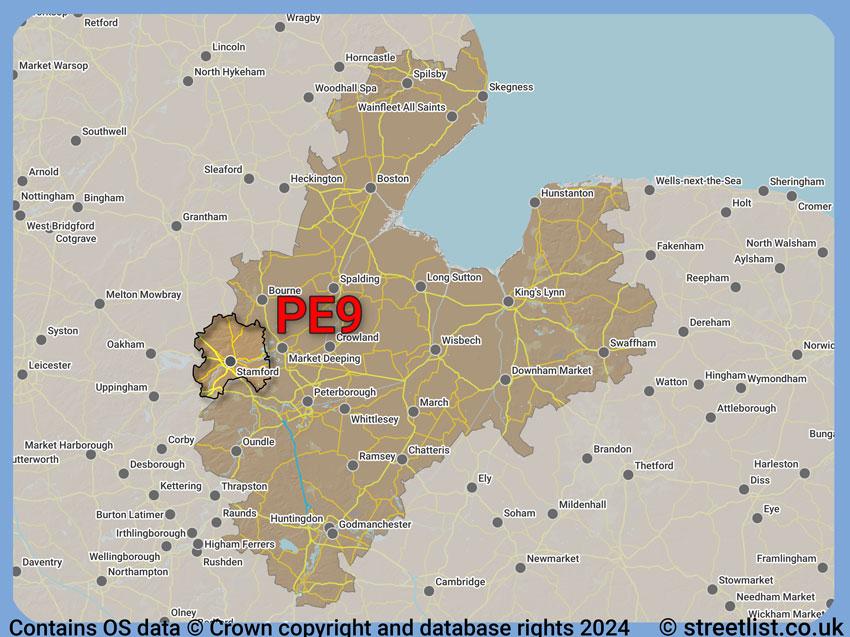 Where the PE9 postcode district lies within the wider  postcode area