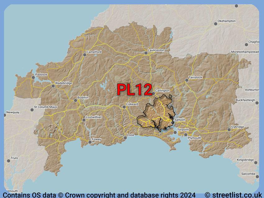 Where the PL12 postcode district lies within the wider  postcode area