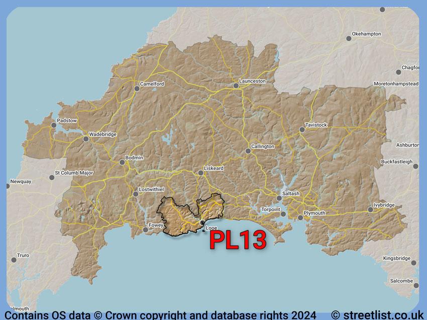 Where the PL13 postcode district lies within the wider  postcode area