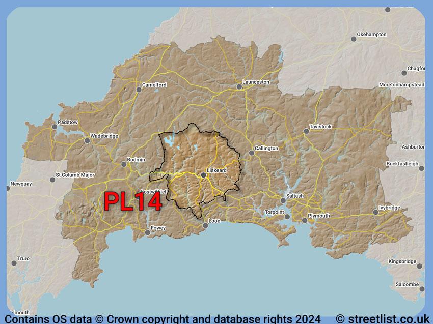 Where the PL14 postcode district lies within the wider  postcode area