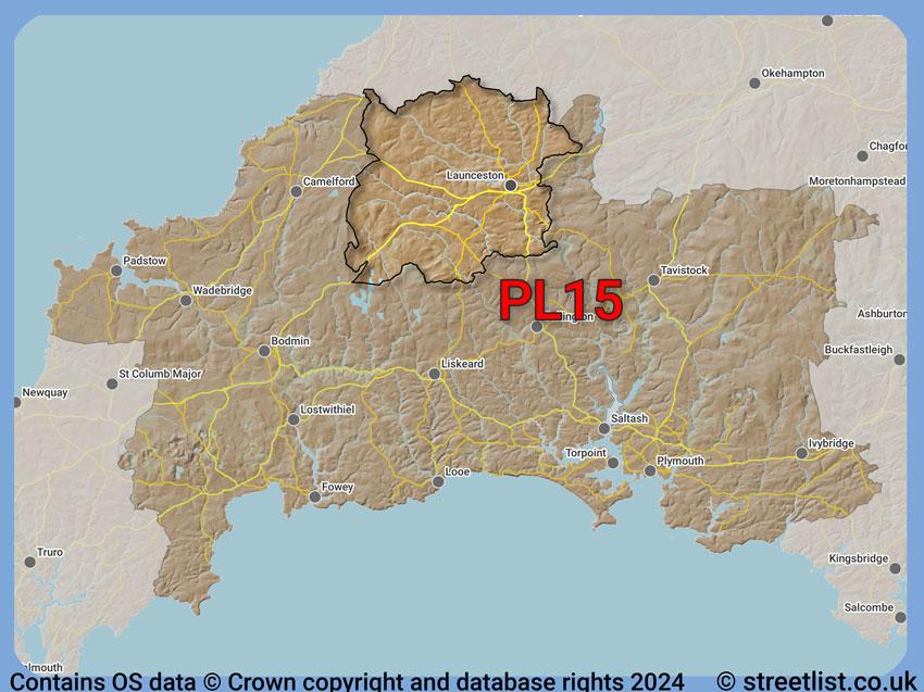 Where the PL15 postcode district lies within the wider  postcode area