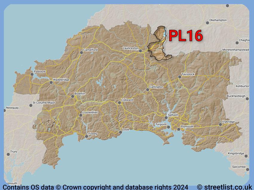 Where the PL16 postcode district lies within the wider  postcode area