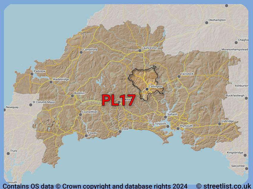 Where the PL17 postcode district lies within the wider  postcode area