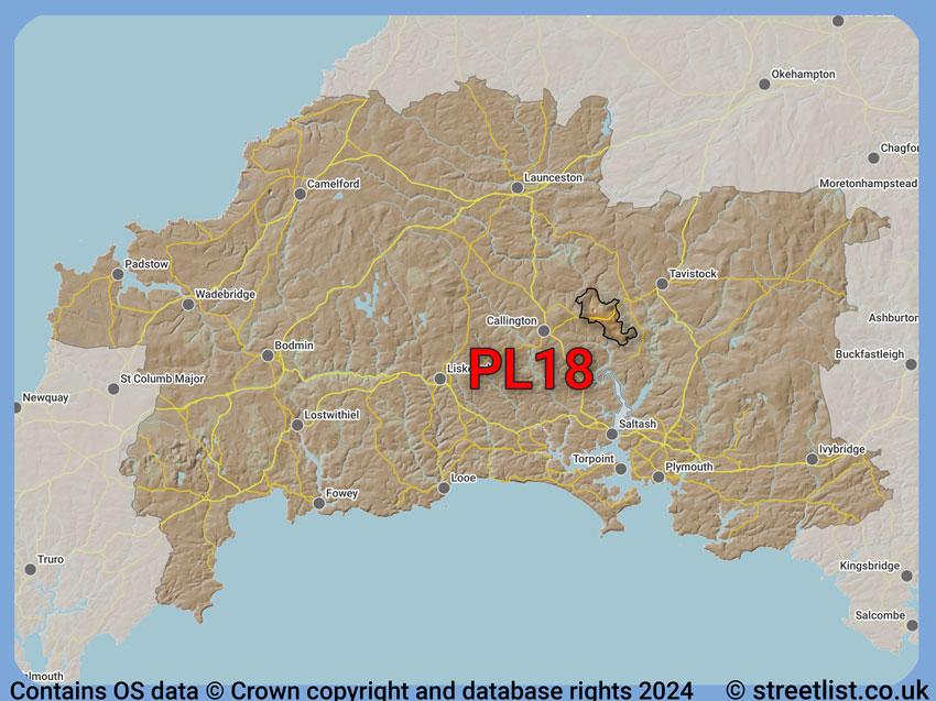 Where the PL18 postcode district lies within the wider  postcode area