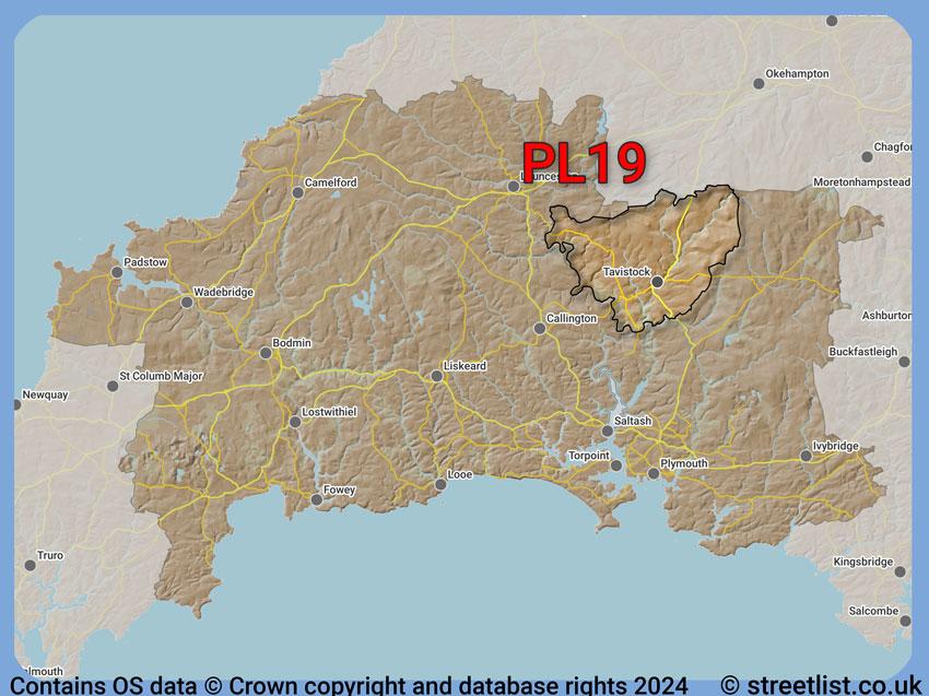 Where the PL19 postcode district lies within the wider  postcode area