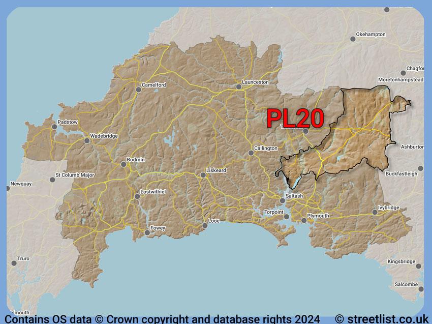 Where the PL20 postcode district lies within the wider  postcode area