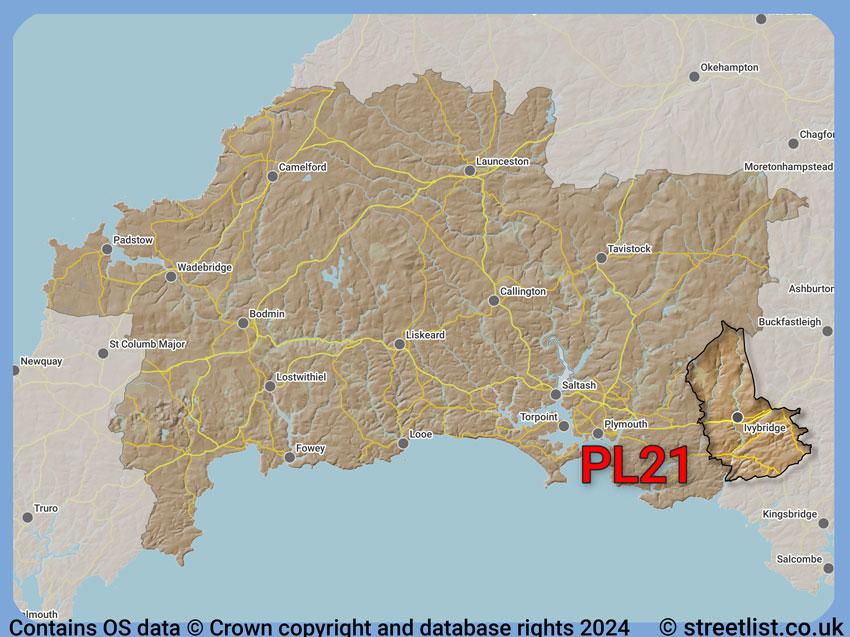 Where the PL21 postcode district lies within the wider  postcode area