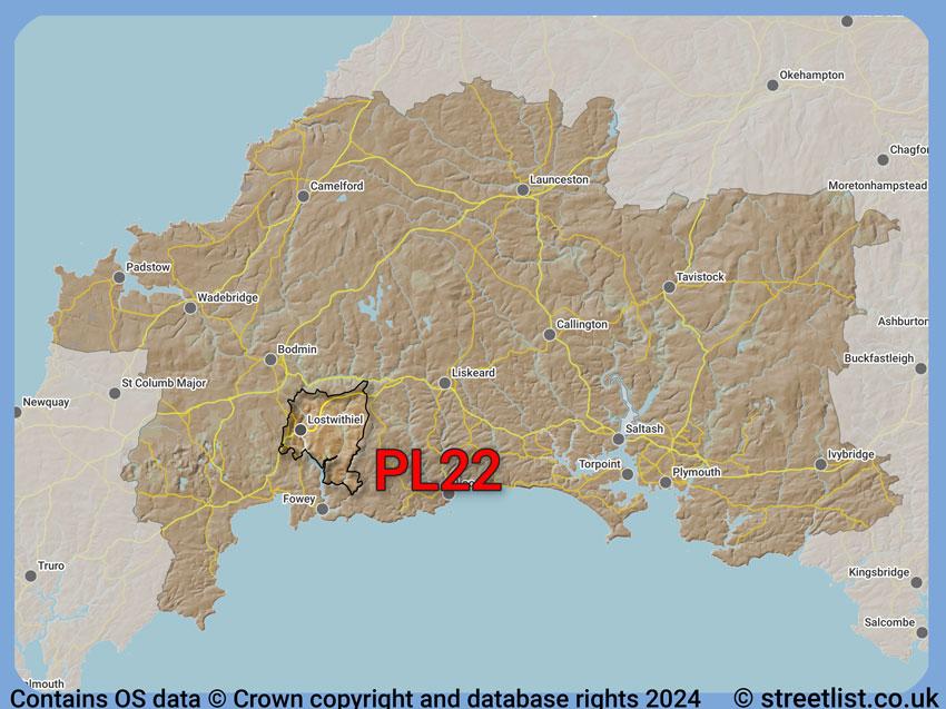 Where the PL22 postcode district lies within the wider  postcode area