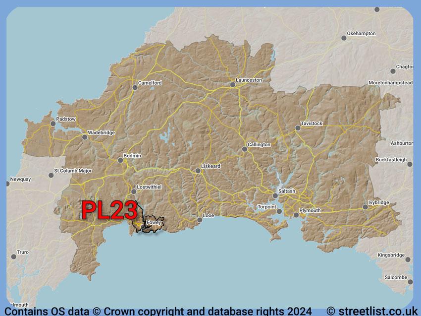 Where the PL23 postcode district lies within the wider  postcode area