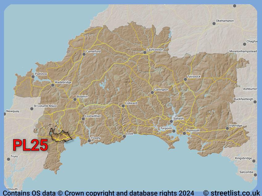 Where the PL25 postcode district lies within the wider  postcode area