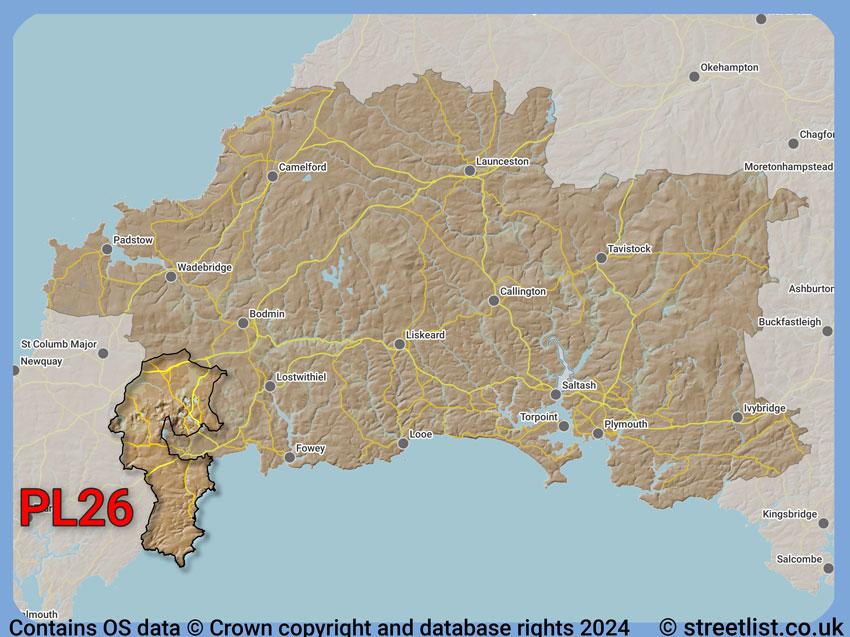 Where the PL26 postcode district lies within the wider  postcode area