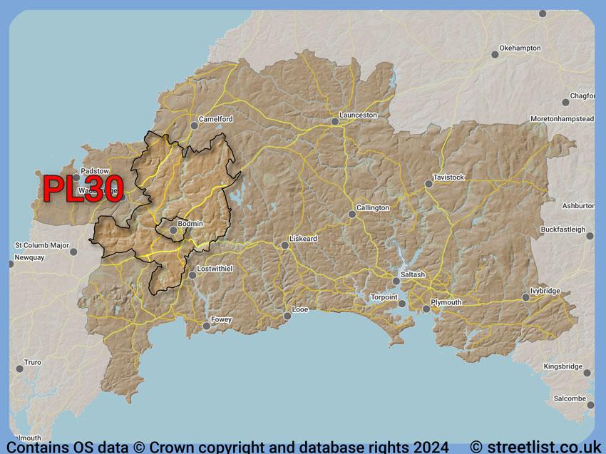 Where the PL30 postcode district lies within the wider  postcode area